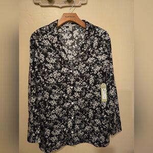 Black And White Womens Floral Button Down Shirt Size Small